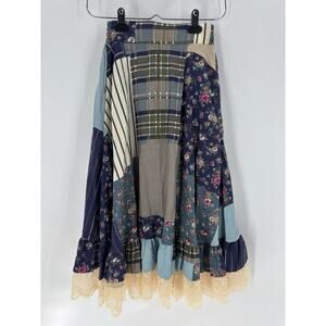 90s Vintage Square Up Skirt Womens Small Blue Plaid Floral Lace Hem Cottagecore